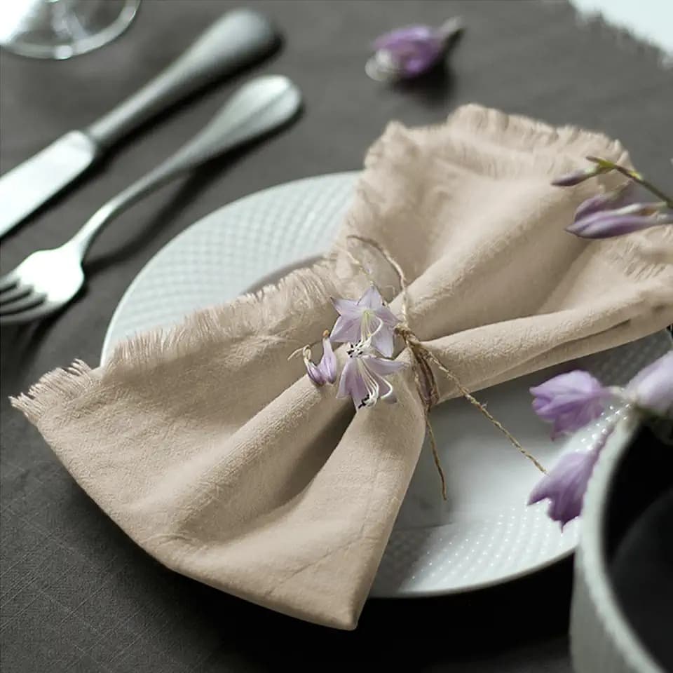 Handmade Cloth Napkins 100% Cotton Napkins with Fringe,Delicate Handmade Cloth Napkins for Dinners, Parties, Weddings and More,18 x 18 Inch Set of 4 - Beige