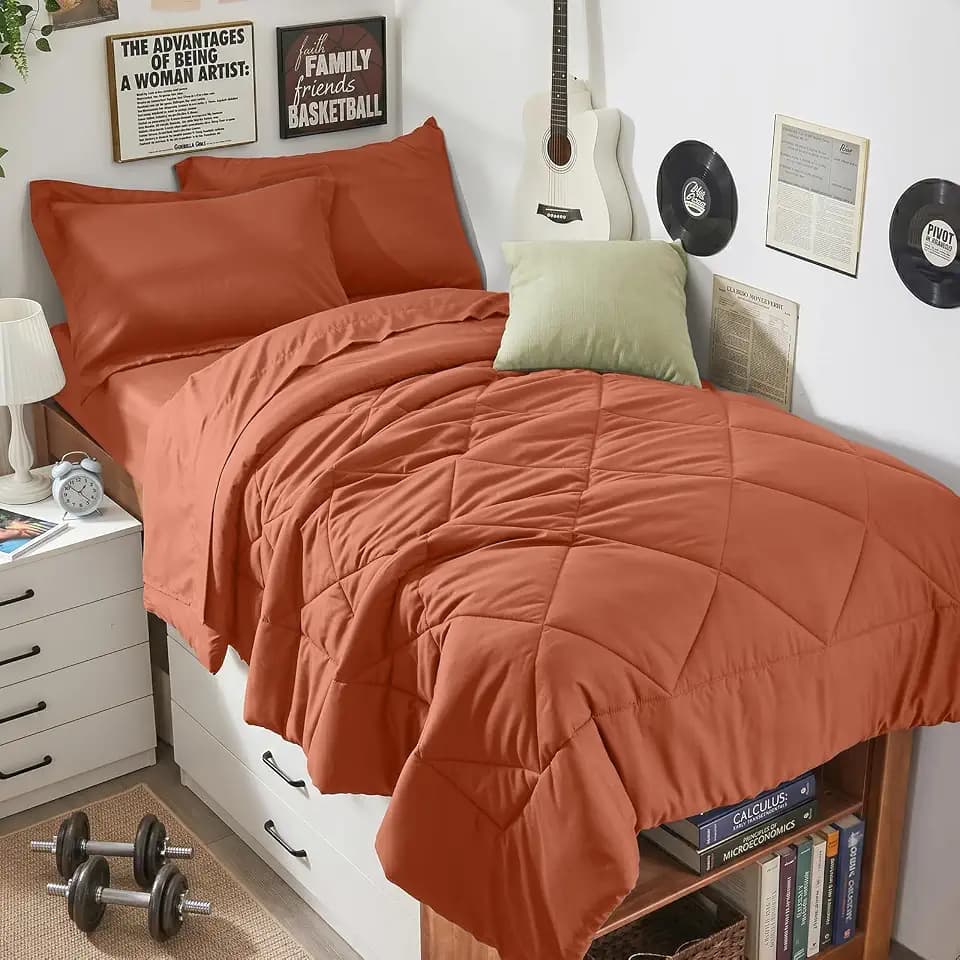 HEVUMYI 5-Piece Twin XL Comforter Set, Burnt Orange Bed in a Bag