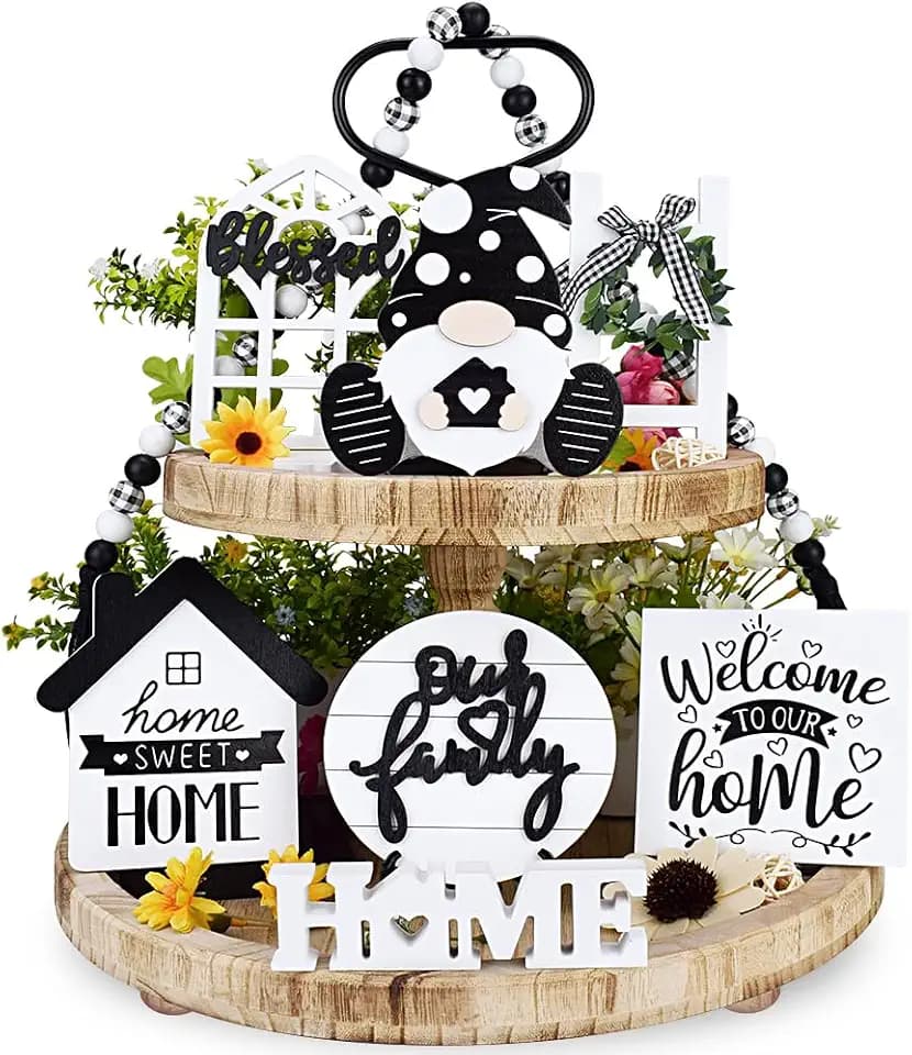 14 Pcs Farmhouse Tiered Tray Set: Rustic Home Accents with Artificial Plants, Wooden Beads, Gnome Wood Sign, Kitchen Table Shelf Decor, Farmhouse Housewarming Gifts(Tiered Tray NOT Included)