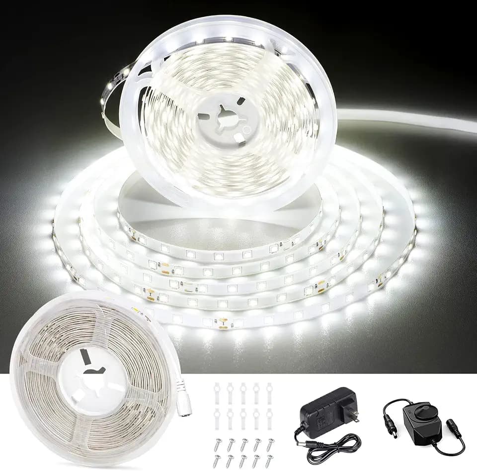 CT CAPETRONIX White LED Strip Light, 32.8 Feet 24 Volt LED Light Strip White, 6000K-6500K Daylight Super Bright LED Tape Light for Bedroom, Kitchen, Closet, Cabinet, Mirror, Indoor(Dimmer Included)