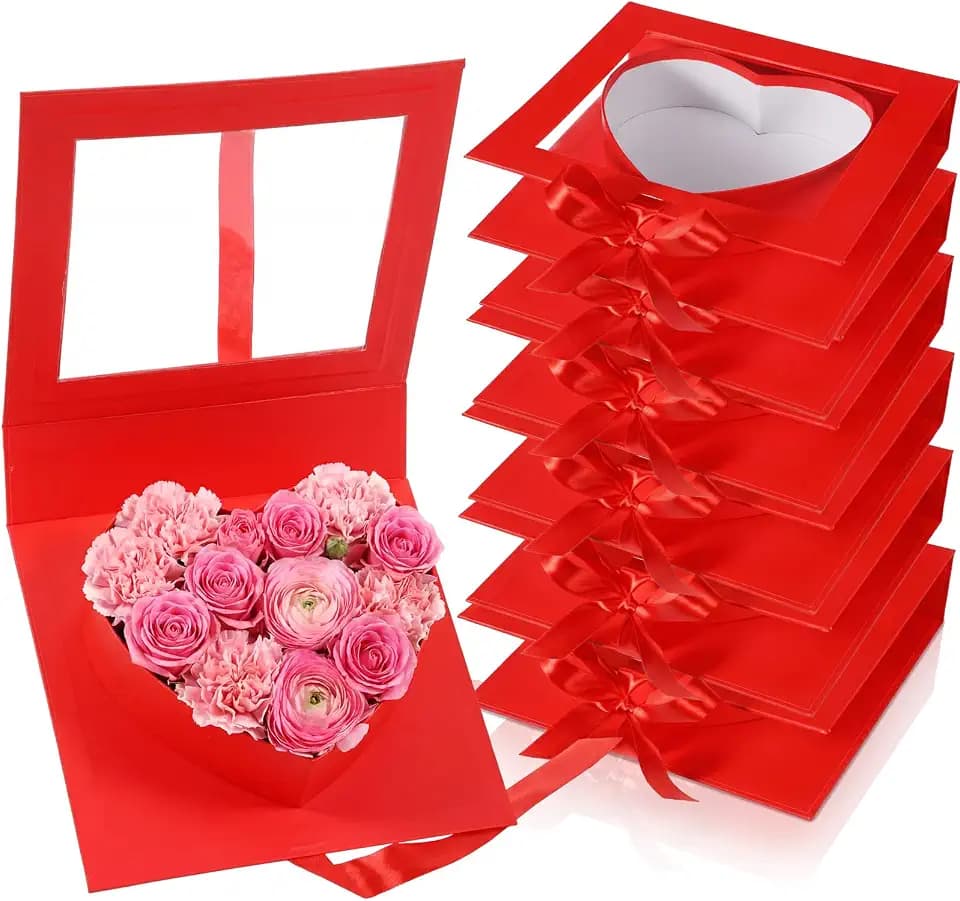 Mooliwe 6 Pack Heart Shaped Flower Gift Box, Bridesmaid Groomsmen Proposal Box, Treat Fillable Gift Packaging Boxes with Ribbon Cardboard for Wedding Birthday Love Favors(Red)