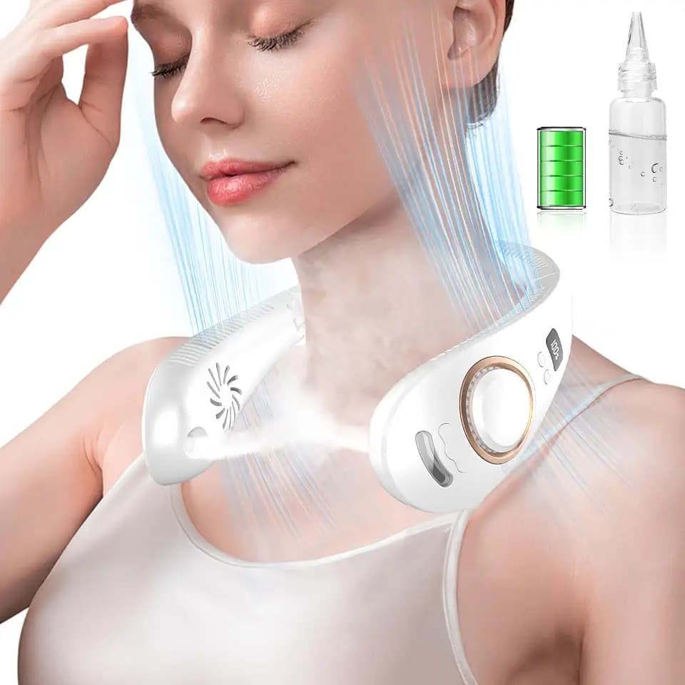 Neck Fan with Mist Spray-Neck Fans that Blow Cold Air,Folding 4000Mah Portable Personal USB Rechargeable Battery Operated Fan with Mister,Cooling Bladeless Travel Misting Fan