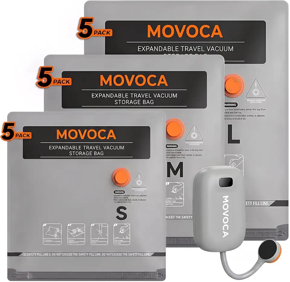 MOVOCA Travel Vacuum Bags with Pump - 15-Pack Compression Bags for Clothes
