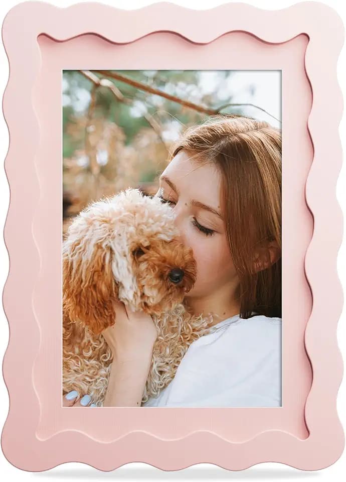 5x7 Picture Frame with Mat for 4x6, Wavy Edge Wooden Real Glass Photo Frame for Tabletop and Wall Hanging, Pink, 1 Pack