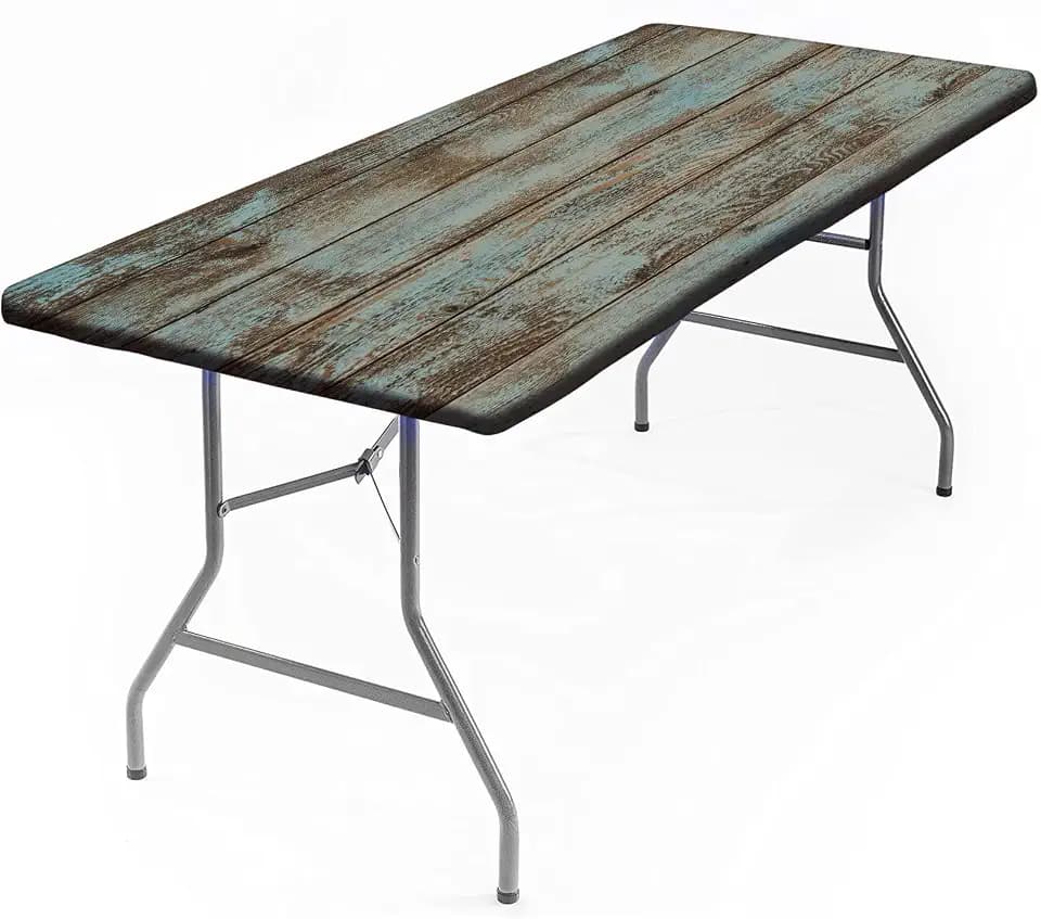 Vintage Wood Grain Fitted Tablecloth, Aged Blue Wood Rectangle Table Cover for 6 Foot Tables, Great for Outdoor Picnic Camping Parties, 72x30 in