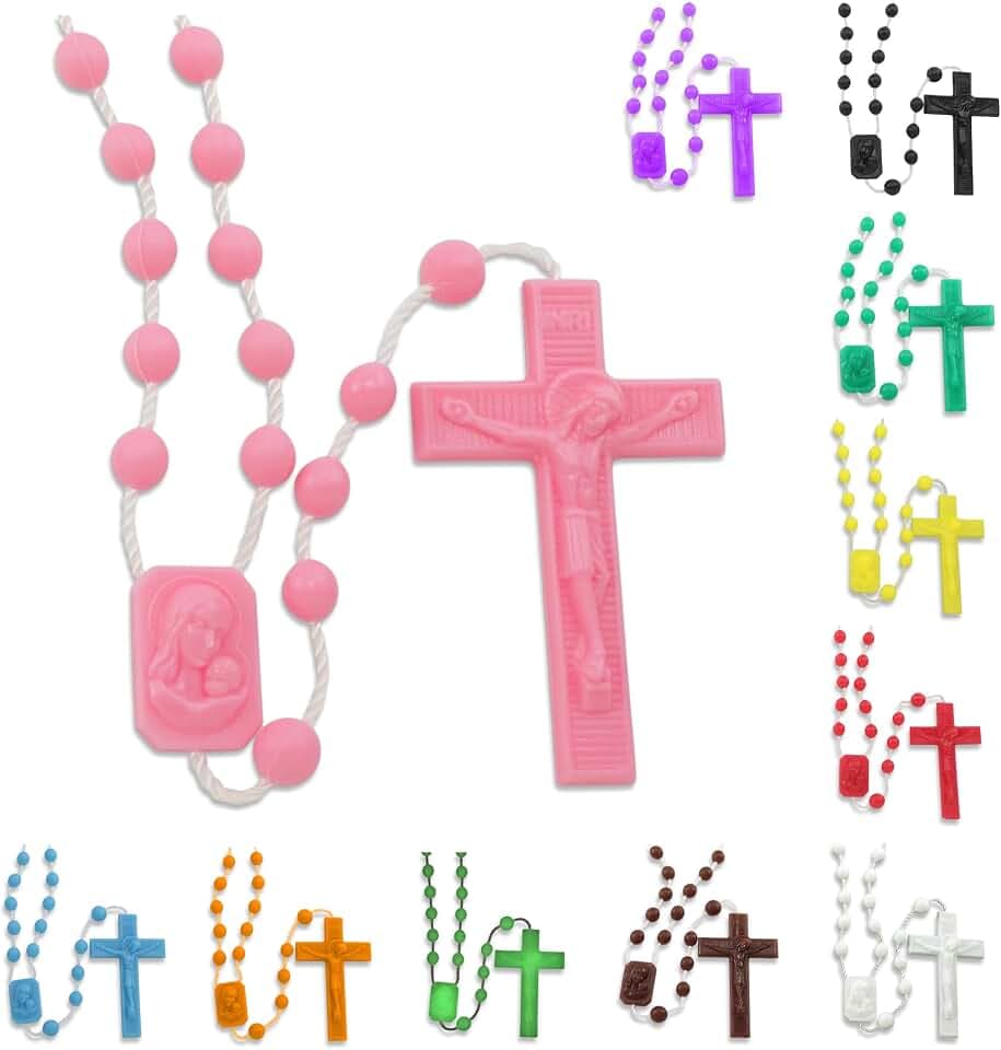 RosaryMart Catholic Rosary Beads for Prayer – Pink Plastic Rosary Necklace with Crucifix, Durable Nylon Cord, Made in Italy, Devotional Prayer Beads for Women and Men – Pack of 100