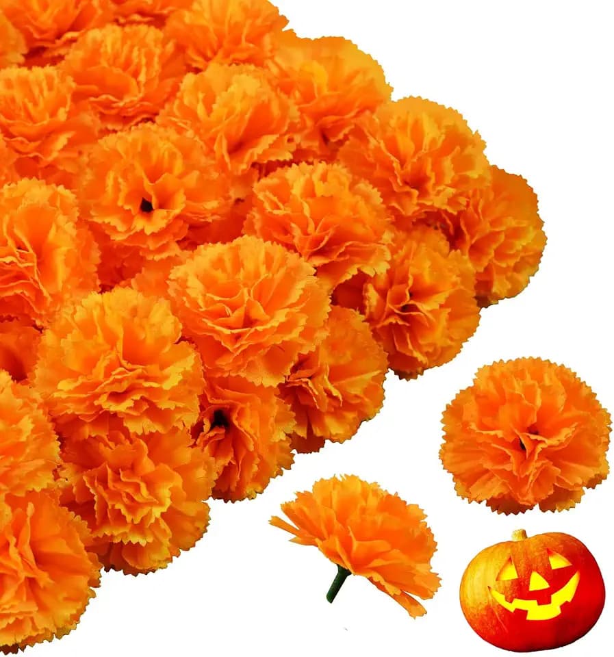 50Pcs Artificial Marigold Flower, Orange Flower Heads Bulk with Stem