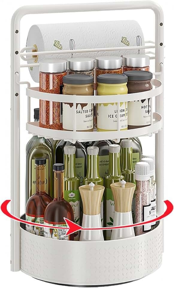 Rotating Spice Rack with Paper Towel Holder, White
