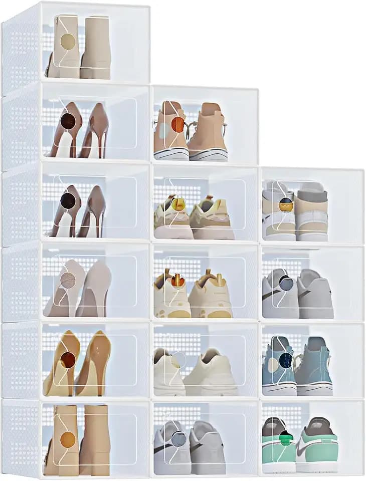 Simple Deluxe 15 Pack X-Large Shoe Storage Boxes Organizers, Shoe Boxes Clear Plastic Stackable Shoe Containers with Lids, Foldable Space-Saving Storage Bins Shoe Cabinet, White
