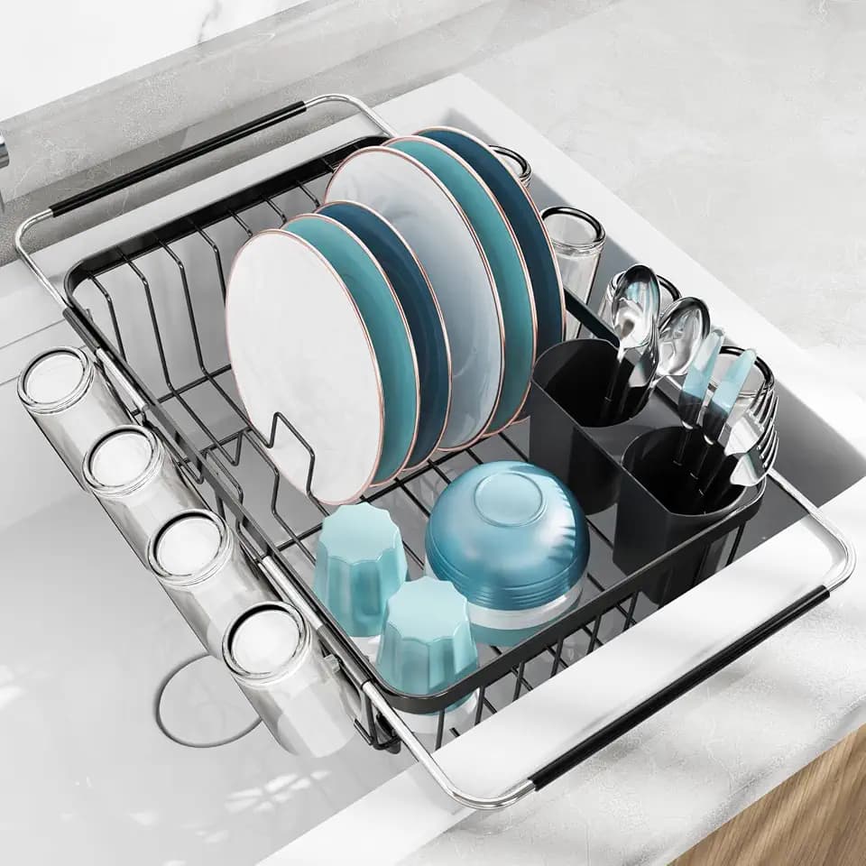 GSlife Dish Drying Rack Over the Sink - Expandable Stainless Steel Drainer