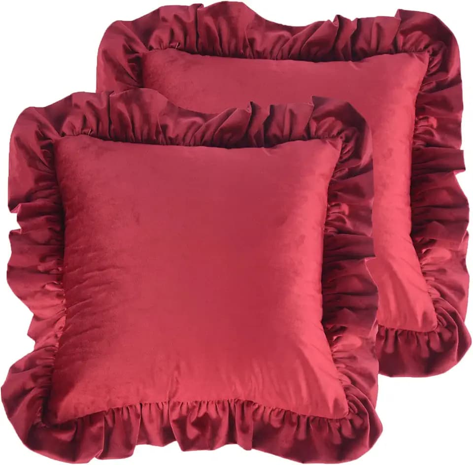 Jemiipee Velvet Ruffle Throw Pillow Covers Couch, Set of 2 Decorative Pillowcases with Ruffles 20x20 Inch Solid Color Shabby Chic Farmhouse Cushion Cover for Living Room Sofa Bed, Burgundy Red