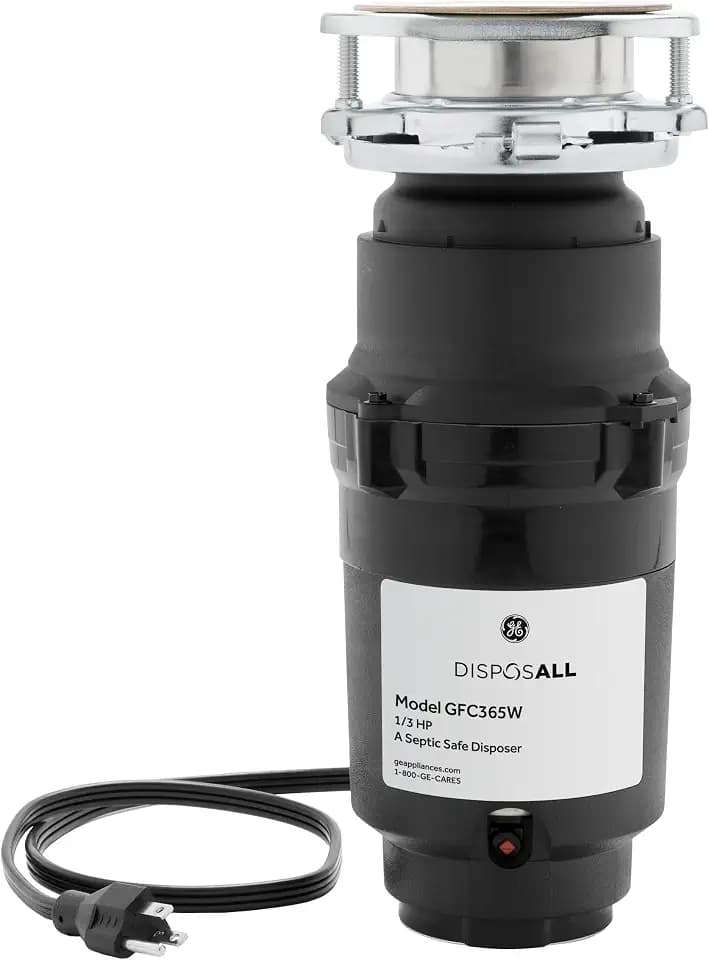 GE Disposall Continuous Feed 1/3 HP Motor Garbage Disposer, Good for Grinding: Cooked Pasta & Fruit Peels, Universal 3 Bolt Install & Power Cord Included, Recommended for 1-2 Person Homes, GFC365W