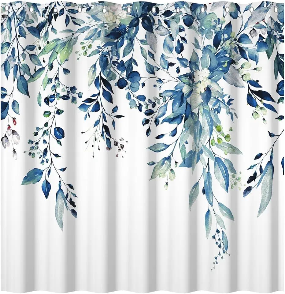 60x72 inch Blue Watercolor Leaves Breathable Shower Curtain for Bathroom