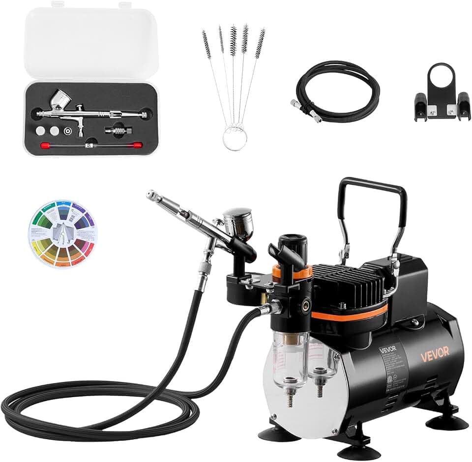 VEVOR Airbrush Set 1/6 PS mit Luftkompressor & Tank, 1 Dual Action Airbrush Pistole mit 3 Düse (0,2/0,3/0,5 mm) & Schlauch & Halterung & Reinigungsset, für Kuchendekoration Modellmalerei Nagelkunst