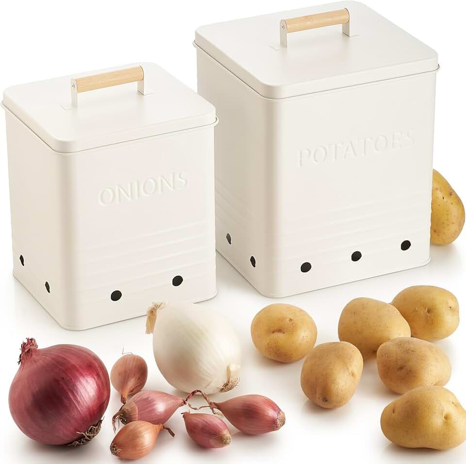 Beautiful Potato and Onion Storage Container Set - Food Safe Metal Bins