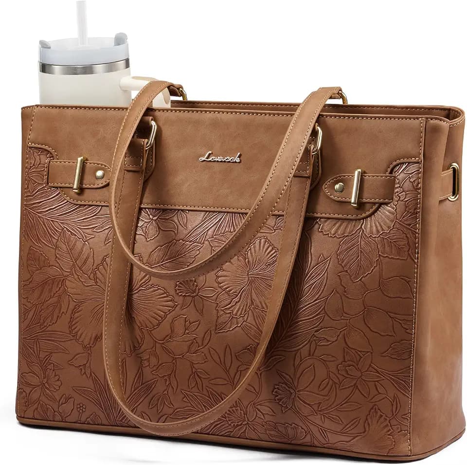 LOVEVOOK Laptop Tote Bag for Women Work, Teacher Tote Bag with Large Cup Holder, Waterproof Leather Computer Bag