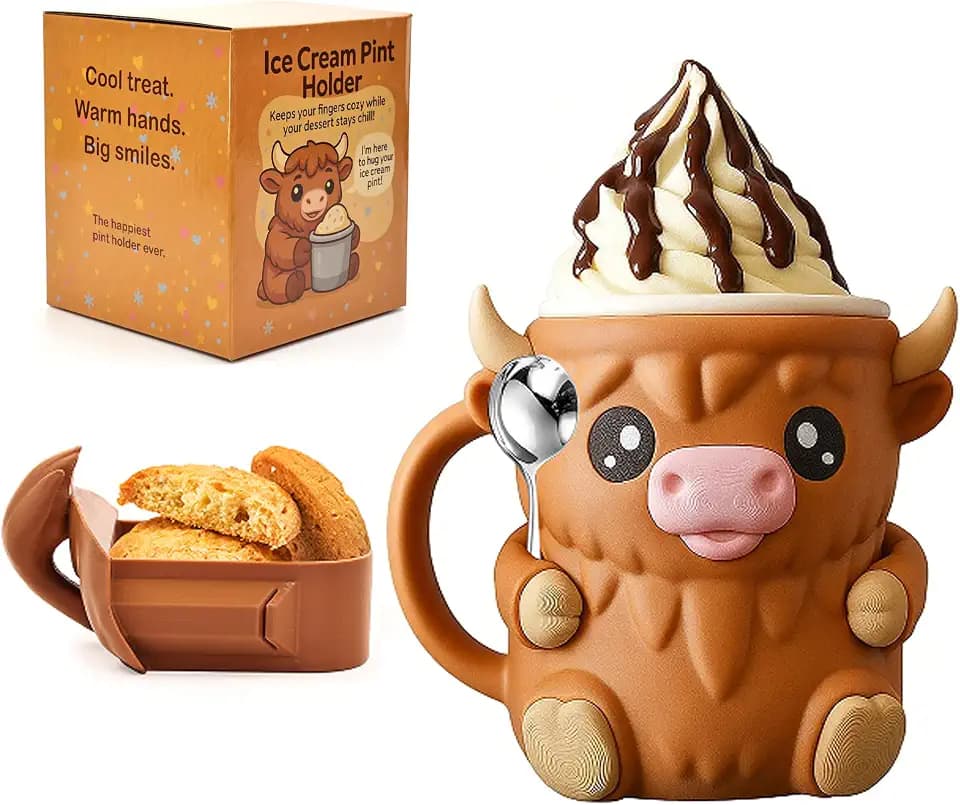 Highland Cow Ice Cream Pint Holder with Hoof Slots to Hold Your Spoon, for 16 oz Pints, Leak-Proof Popsicle , Ice Cream Cooler Container, Summer Gifts, Soda Beer Can for Highland Cow Lovers With Box