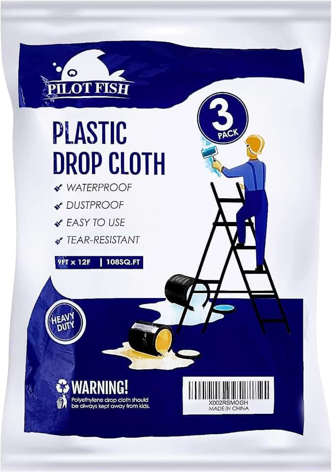 3 Pack Plastic Drop Cloth for Painting, Plastic Painting Tarp Heavy Duty 9 Feet by 12 Feet, Painters Plastic Tarp Waterproof Clear Cover, Thick Disposable Paint Floor Cover for Furniture, Wall