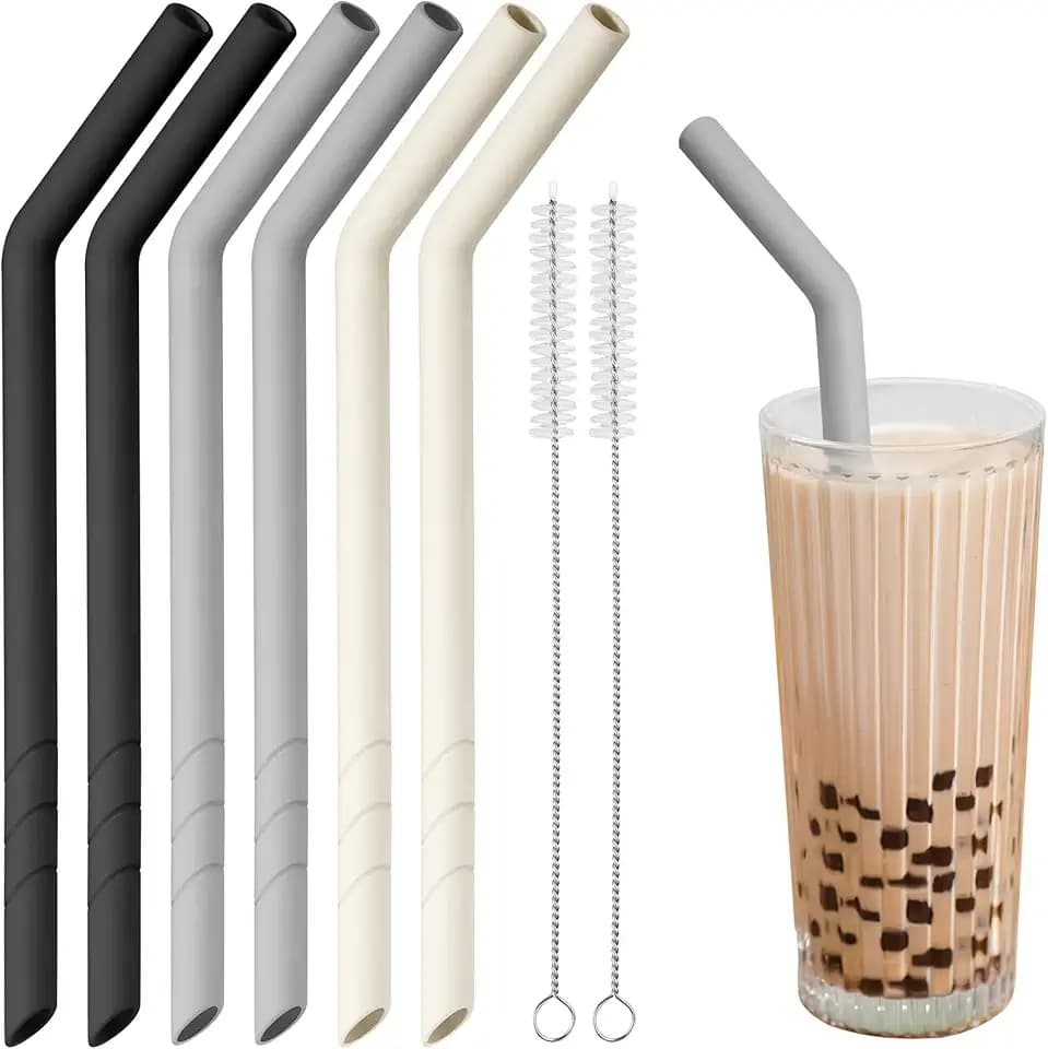 NiHome 6 PCS Extra Wide Reusable Bent Silicone Straws for Boba & Smoothies