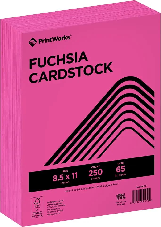 PrintWorks Bright Fuchsia Pink Colored Cardstock 8.5” x 11” - 65 lb/176 gsm - 250 Sheets - Made in the USA - FSC® Certified - Acid-Free & Fade-Resistant - Printer & Cut Machine Compatible (00112)