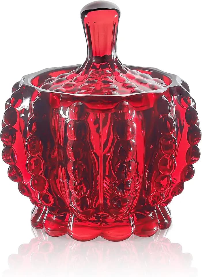 Joeyan 6 oz Red Embossed Glass Jars with Lid,Crystal Glass Candy Dishes,Beaded Food Containers Jewelry Box,Decorative Apothecary Canisters for Wedding Party Buffet