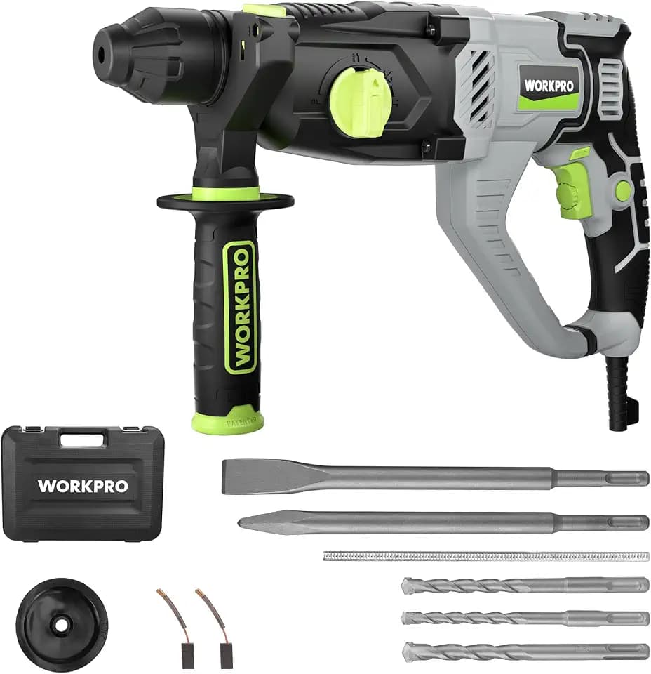 WORKPRO 1-1/4 Inch SDS-Plus Rotary Hammer Drill, 7.5AMP, Lightweight Corded Version for Concrete Demolition Chipping Rotomartillo, 5 SDS-Plus Bits