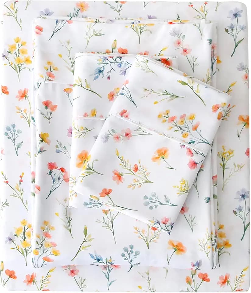 Viviland Floral Full Sheet Set - 4 Piece Vintage Botanical Flower and Leaves Patterned Bed Sheets - Soft, Breathable Microfiber Sheets with Deep Pocket, Non-Slip Fitted Sheets & Pillowcases