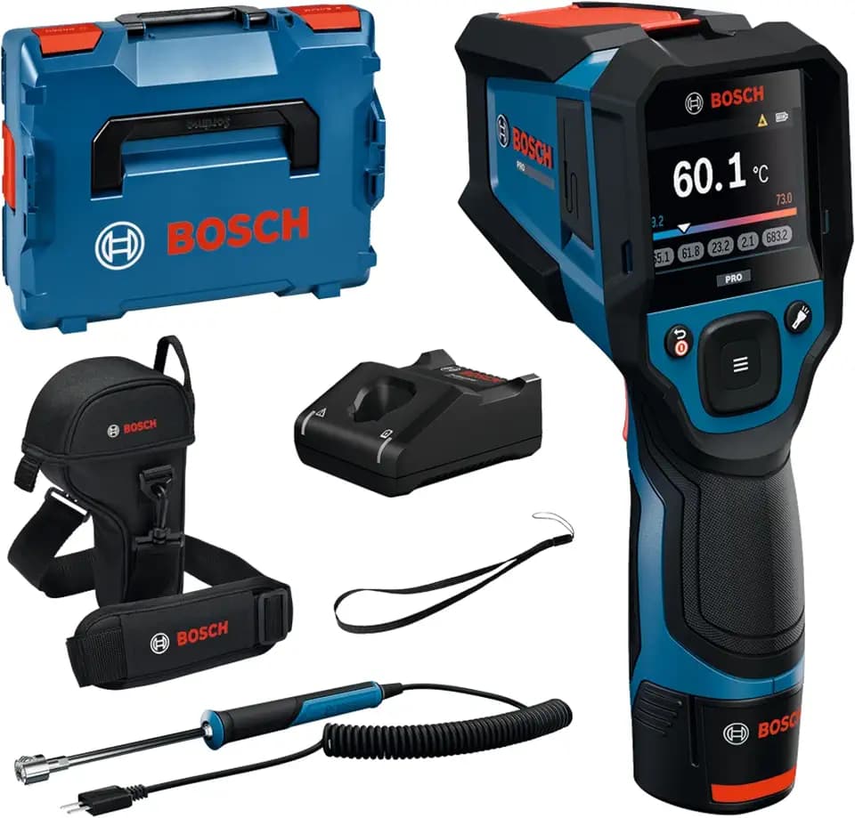 Bosch PRO GIS12V‑800‑16 Infrarot‑Thermometer, Typ‑K Schnittstelle & Temperaturfühler, 20:1 Verhältnis, IP54, inkl Akku & Ladegerät – professionelle Oberflächen‑ und Materialtemperaturmessung