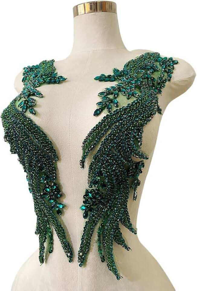 Handmade Rhinestones lace Appliques sew on Beads Trim Patches for Dress Clothing Accessories 1Pair/Bag 5.5X20.4inches (Deepgreen)