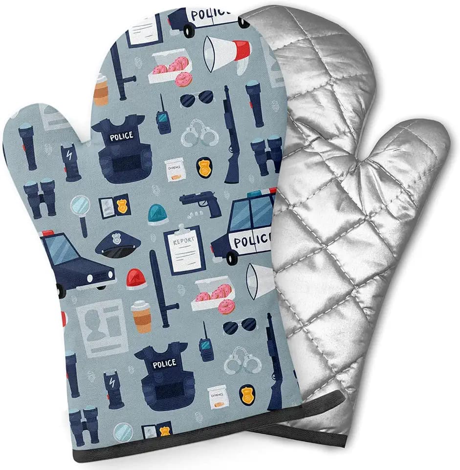 Pairs of Decorative Oven Mitts, Heat Resistant Kitchen Gloves for Cooking, Baking, Grilling (Police Policy Signs Policeman)