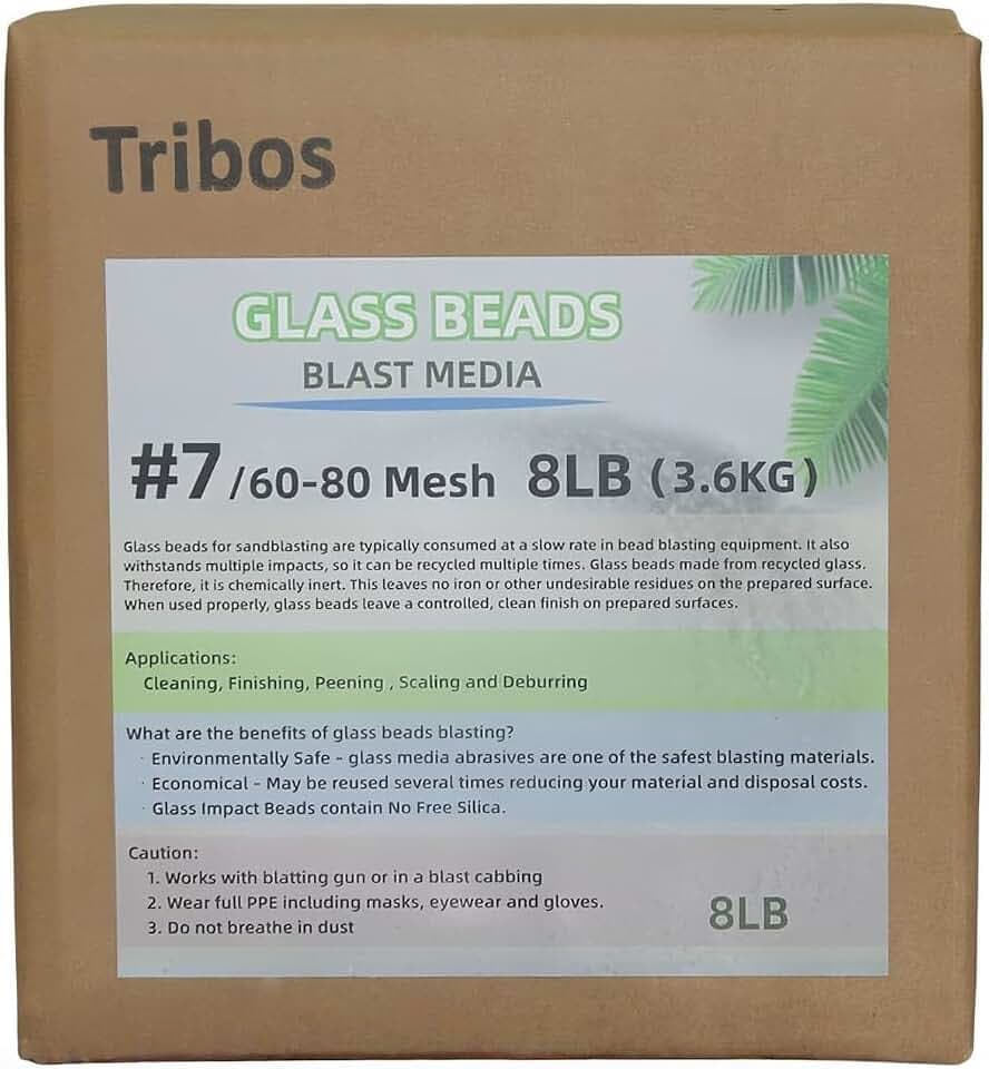 Glass Bead Media for Sandblasting – 8LB Non-Silica Reusable Blasting Abrasive for Rust Removal & Surface Finishing – Multiple Mesh Options (# 7 (60~80Mesh))