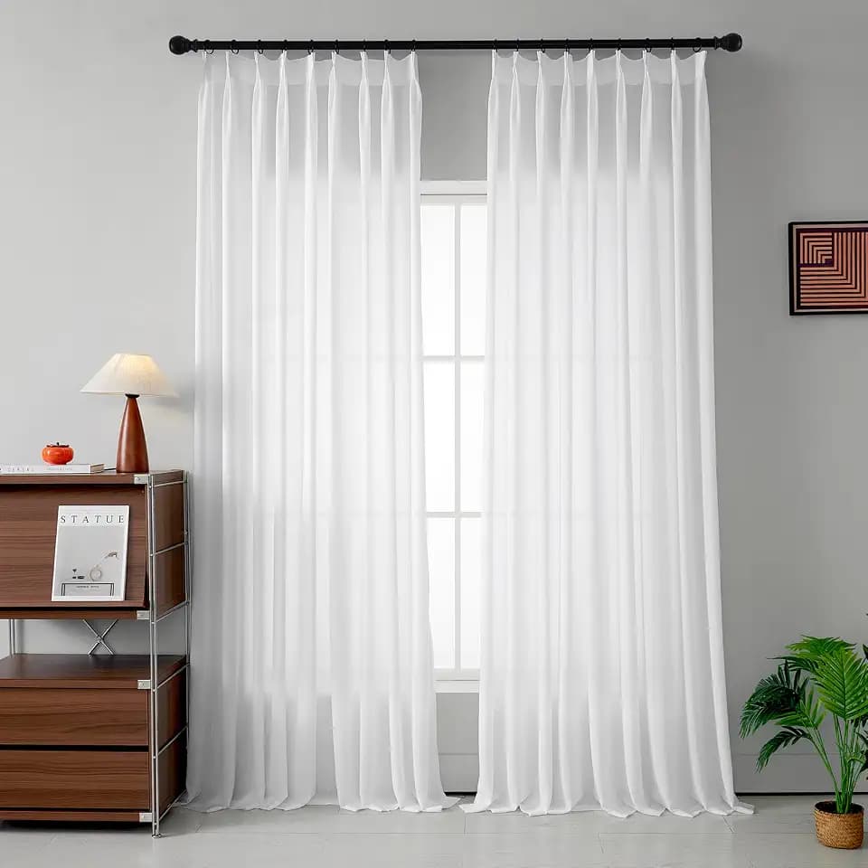 White Sheer Curtains Pinch Pleated Drapes 90 Inches Long for Living Room Bedroom 1 Panel Light Filtering Pinch Pleat Sheer Curtains for Sliding Glass Door, with Textured, W52 x L90