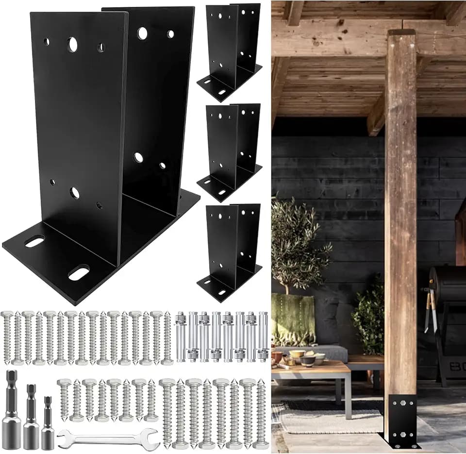 4 Pack Heavy Duty Post Base,Wood Fence Post Anchor Bracket for 6x4 4x4 Wood Post ,Black Concrete Support Anchor Base for Outdoor Deck Railings,Mailboxes,Pavilions,Porches,Log Cabins