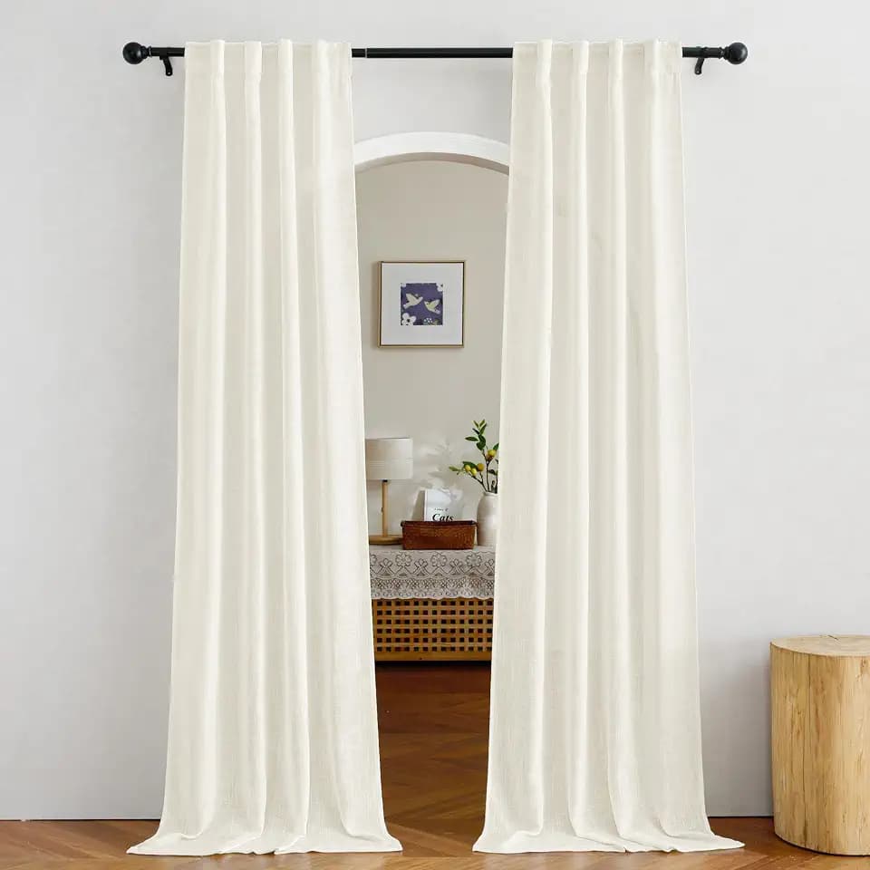 NICETOWN Faux Linen Sheer Curtains 80 inch Length for Doorway, Rod Pocket & Back Tab Semi Sheer with Light Through Window Treatments for Farmhouse/Bedroom, Natural, W34 x L80, Set of 2