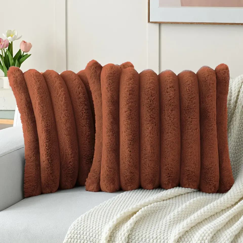 FUTEI Pack of 2 Faux Rabbit Fur Throw Pillow Covers 22x22 Inch, Rust