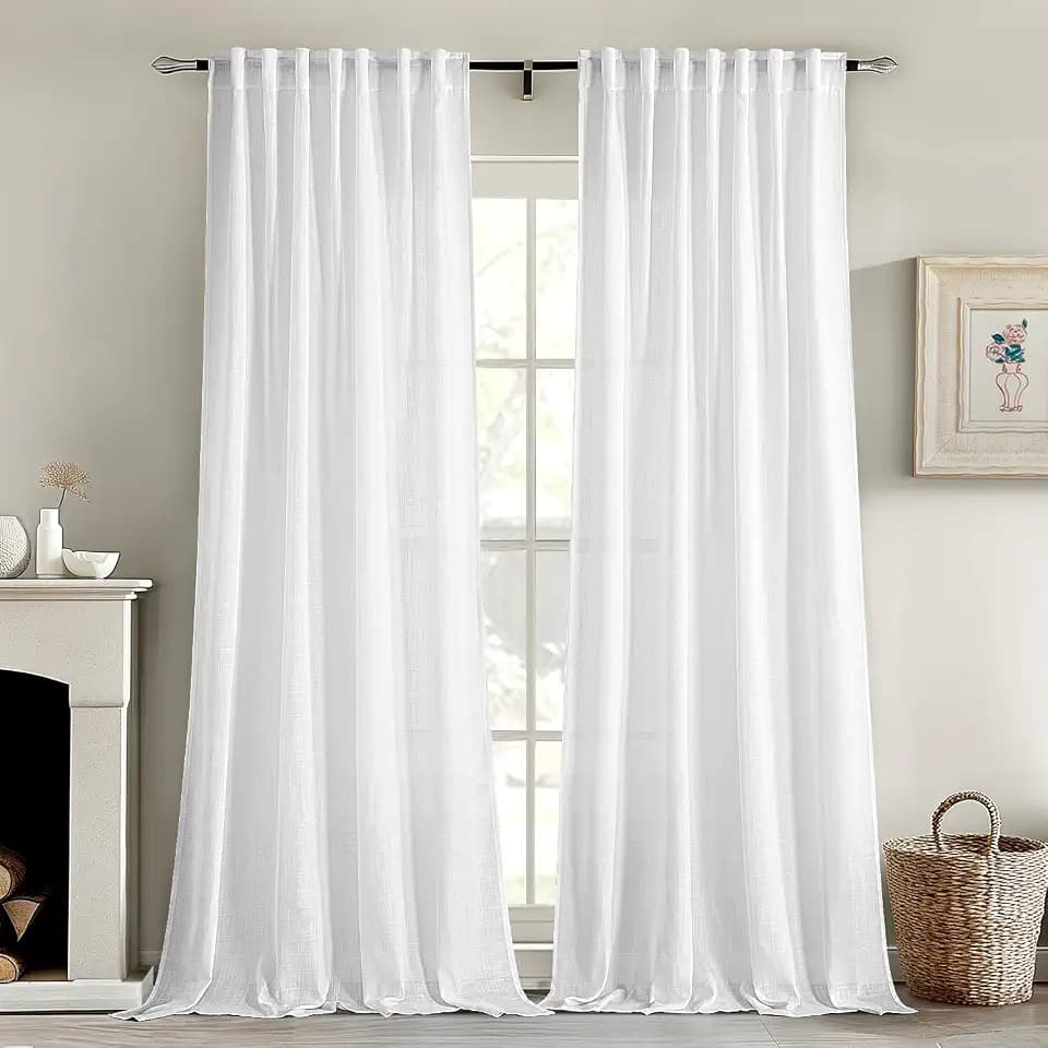 MIULEE White Linen Curtains 86 Inch Long 2 Panels for Bedroom Living Room