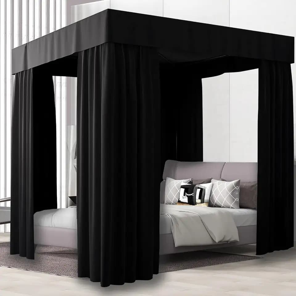 NKM Twin Size Black Canopy Bed Curtains,Completely Opaque Blackout Curtains Suitable for Canopy Bed Frames,Adults & Girls Room Decoration
