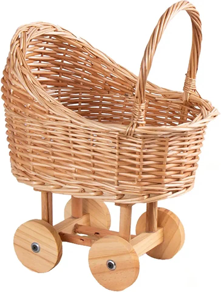 Woven Rattan Stroller Shaped Flower Basket, Vintage Wicker Baby Carriage Planter for Floral Arrangements, Baby Shower Wedding Party Decor Centerpieces for Tables, Floral Rustic Home Decor (Small)