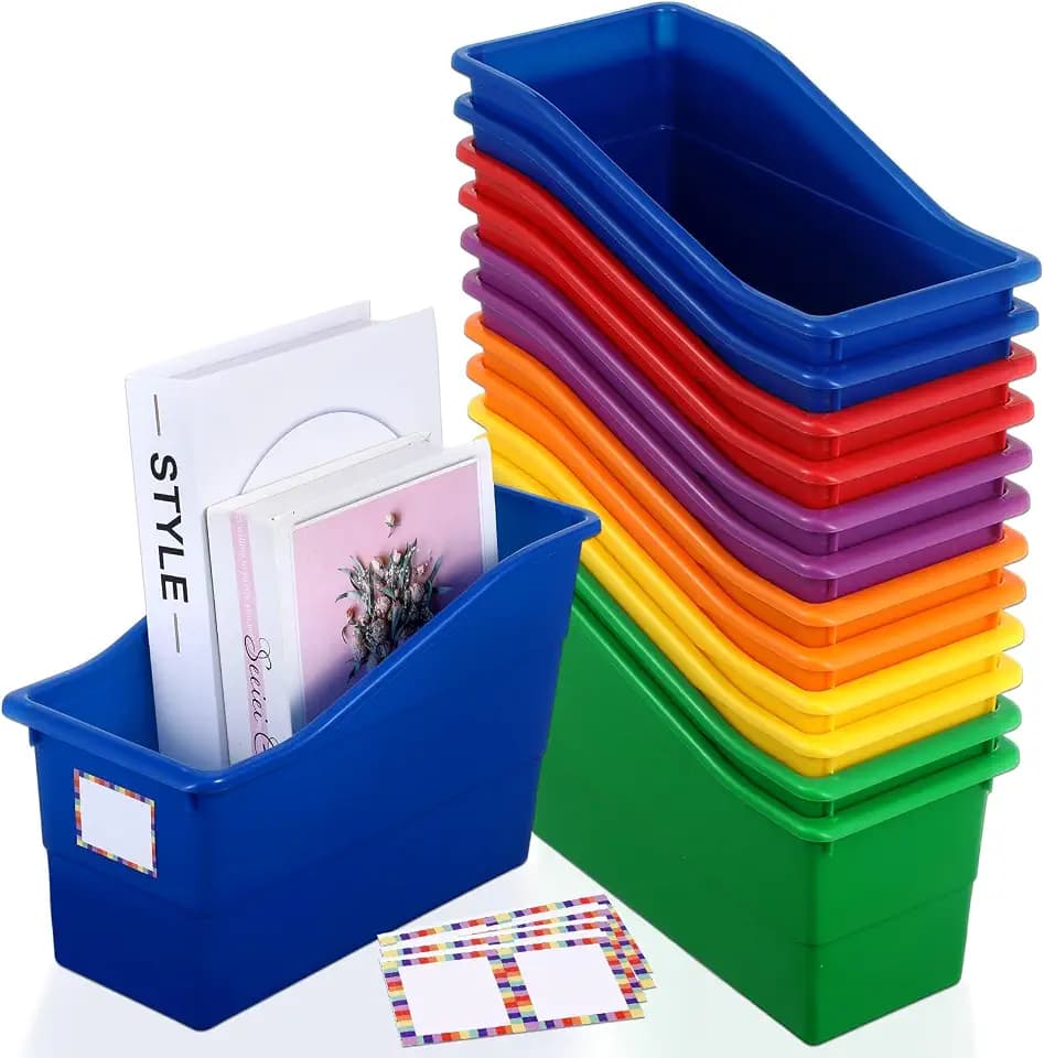 gisgfim 12 Pack Large Book Bins with Labels (Rainbow)