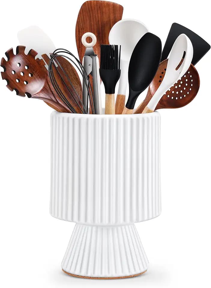 Extra Large Ceramic Utensil Holder for Countertop, Utensil Organizer, Morden Aesthetic Crock for Kitchen Decor - White