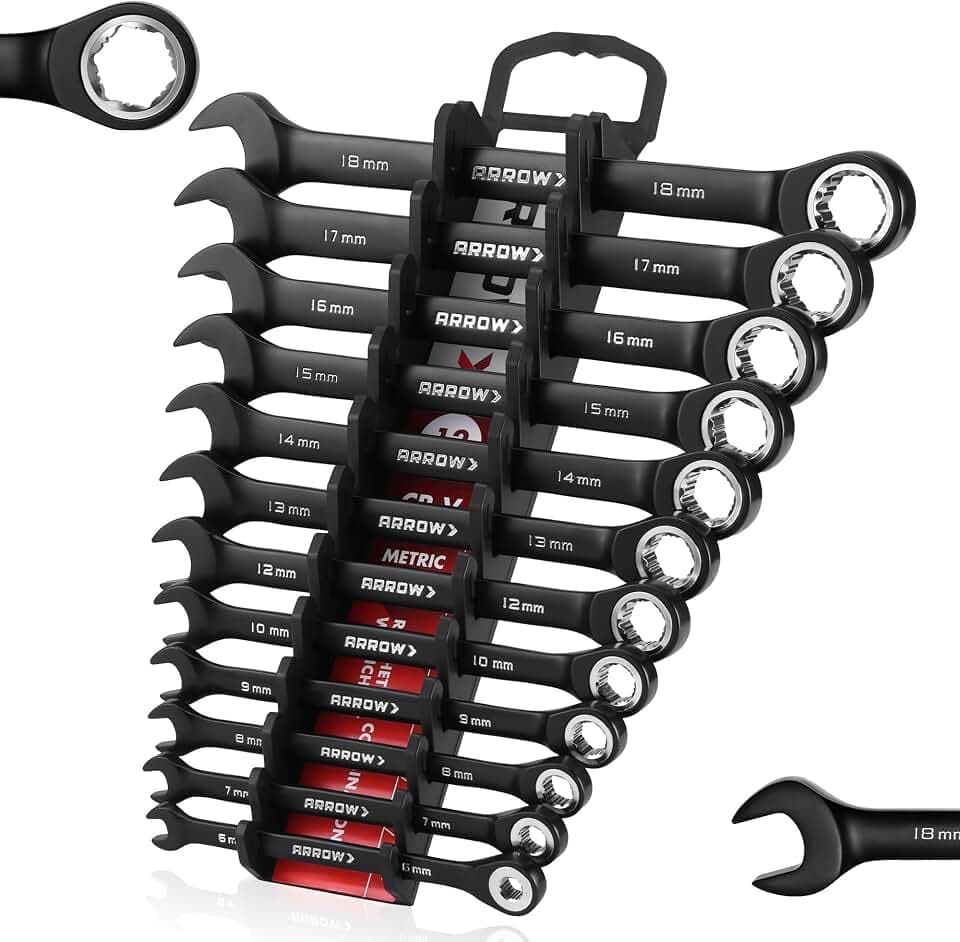 ARROW 12PCS Metric Ratcheting Wrench Set with Black Magnetic Tool Holder