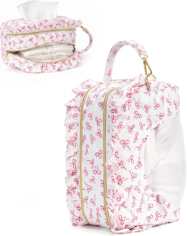 Double-Layer Wipe Holder Quilted Wipes Bag Small Hanging Diaper Bag Portable Wipe Pouch for Stroller, Home, Travel (Pink Bow)