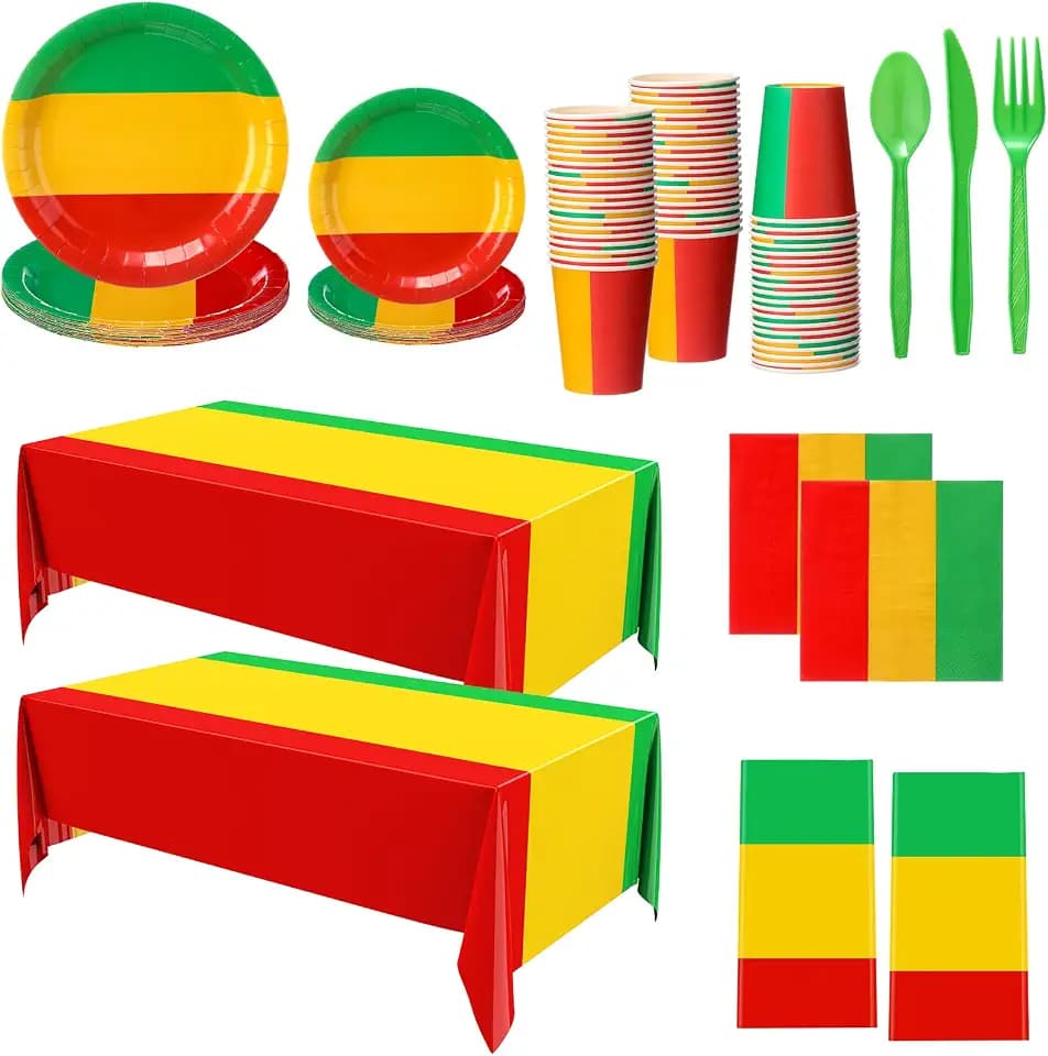 Oudain 154 Pcs Black History Month Party Decorations 2 Pcs Rectangular African Tablecloth Red Green and Yellow Disposable Tableware Plate Cup Set for African American Kwanzaa Juneteenth Party Supplies