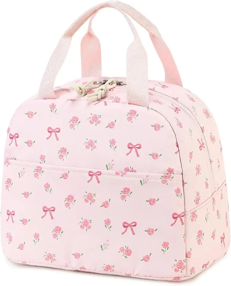 Bluboon Lunch Box for Women Cute Lunch Bag Reusable Insulated Lunch Bags Large Capacity Lunchbox Cooler for Work Picnic or Travel Gifts (Bow Floral Pink 212, 10 x 7.5 x 8 inches)