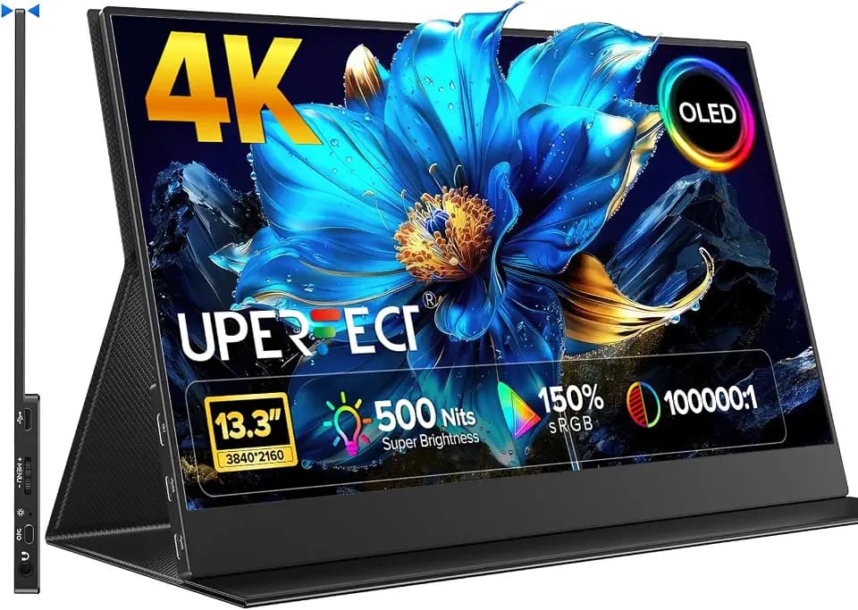 UPERFECT OLED Portable Monitor 4K 13.3" UHD 3840x2160 | 110% DCI-P3 | 150% sRGB | 100000:1 Kontrast | 500Nits | Ultraflaches Aluminiumdesign, Travel Monitor für PC, Laptop, Phone und Spielkonsole
