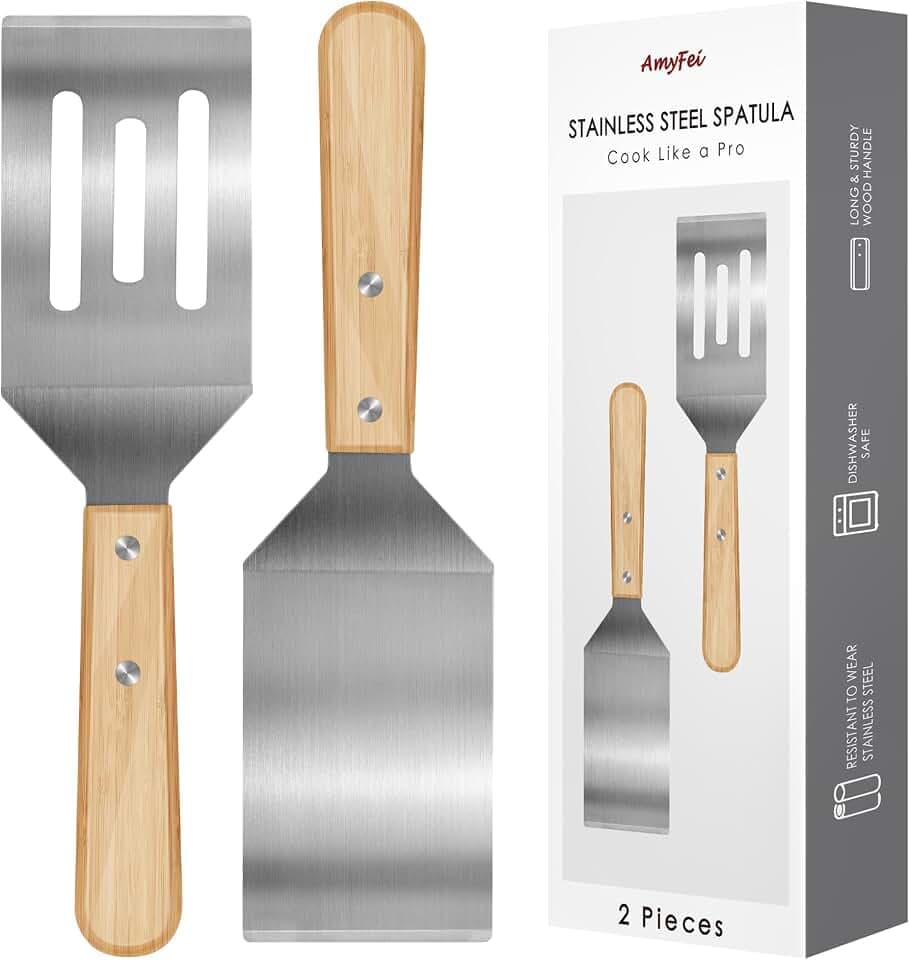 2PCS Stainless Steel Spatula,Wooden Handle Metal Spatula for Steak,Burgers