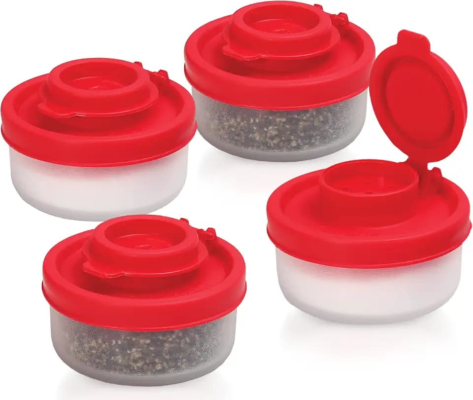 SIGNORAWARE Salt and Pepper Shakers Moisture Proof Set of 4 Small Mini Salt Shaker to go Camping Picnic Outdoors Kitchen Lunch Boxes Travel Spice Set Clear with Red Covers Plastic Airtight Dispenser