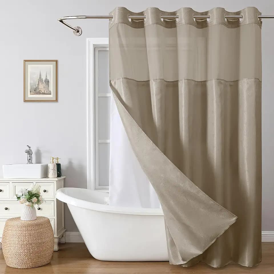 eachope Extra Long No Hook Shower Curtain with Snap-in Liner,71x86,Tan