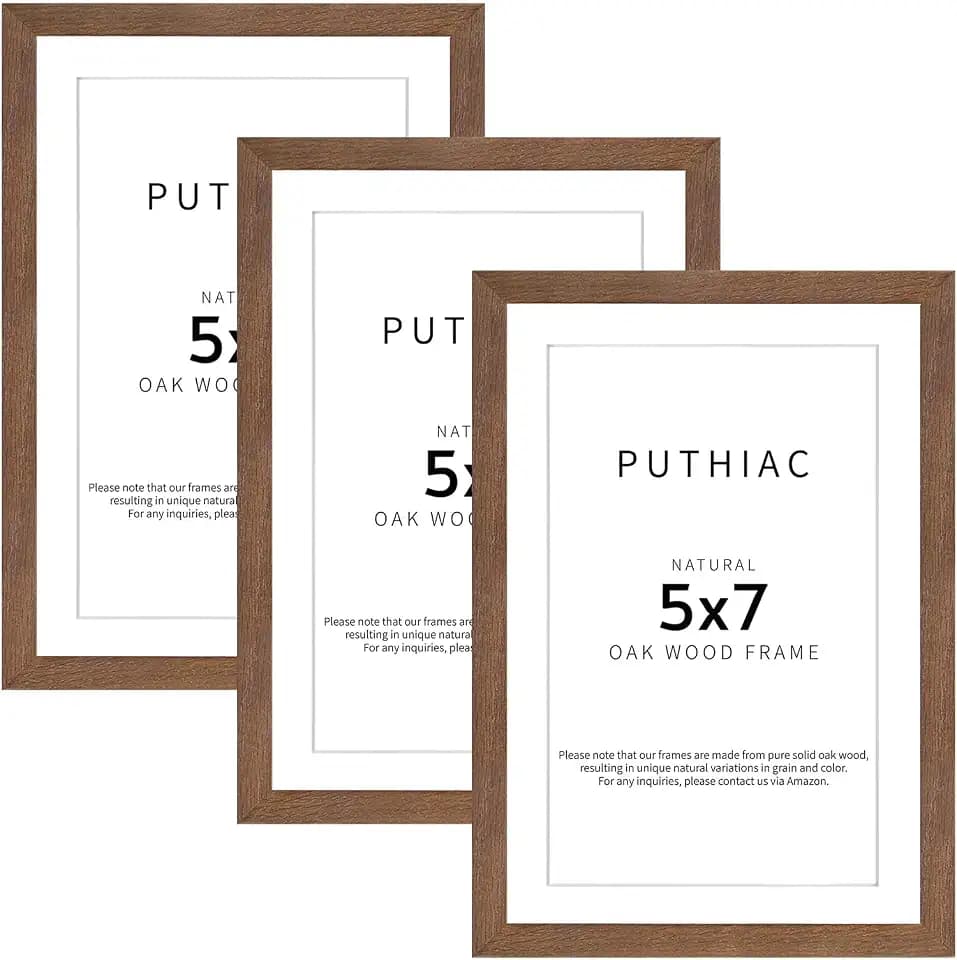 puthiac 5x7 Solid Oak Wood Picture Frames, Walnut, 3 Pack