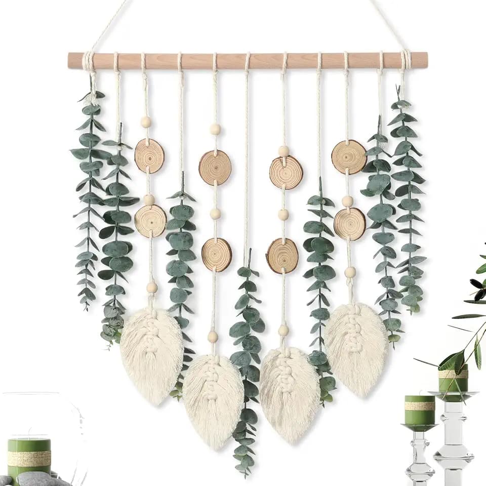 Artificial Eucalyptus Wall Hanging Faux Greenery Decor with Macrame Leaves